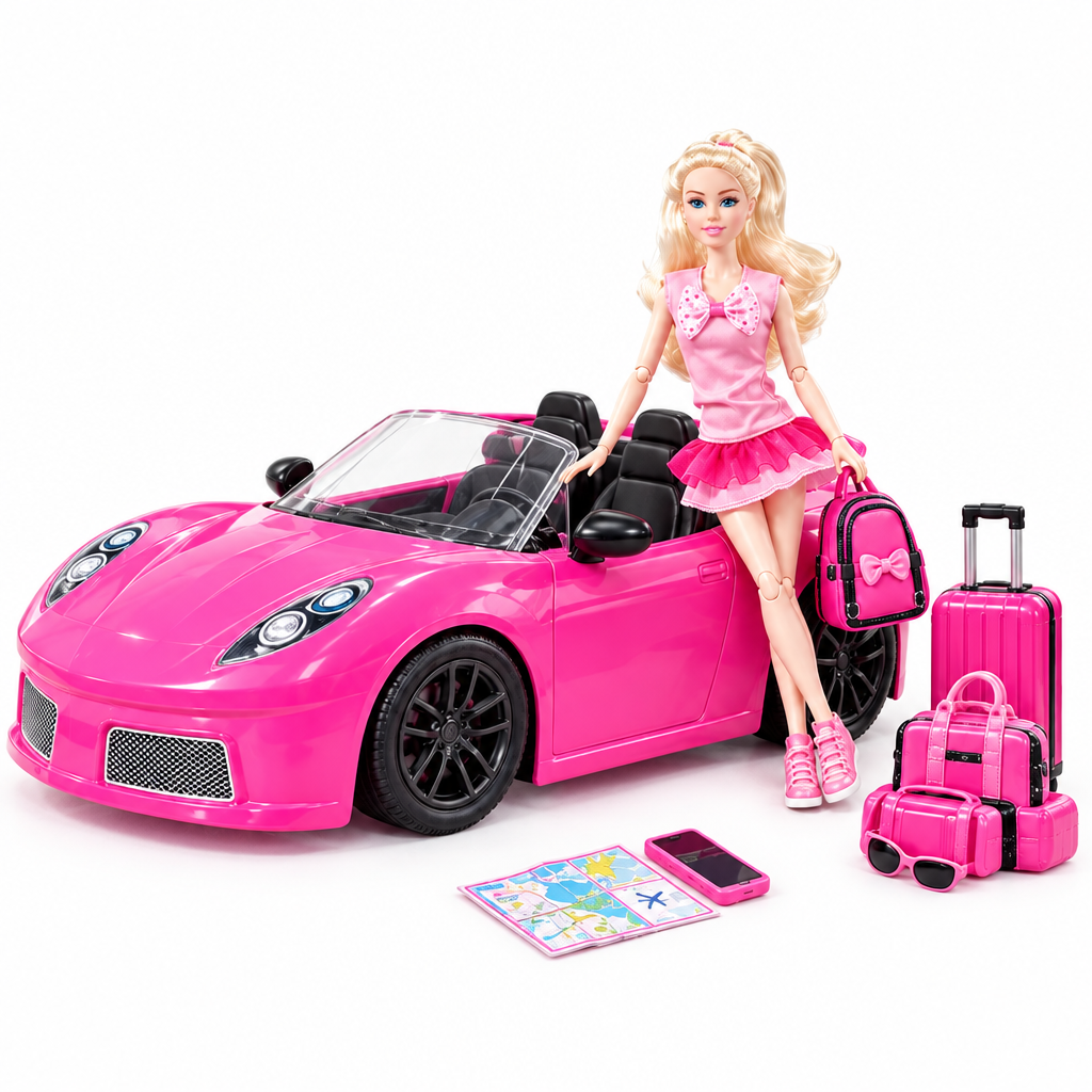 Fashion doll in pink outfit beside a pink convertible toy car with travel bag on a white background