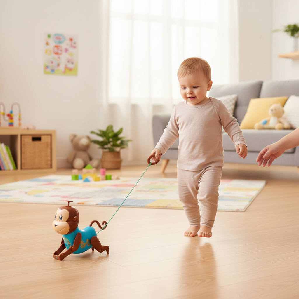 Toddler walking indoors with a colourful pull-along monkey toy