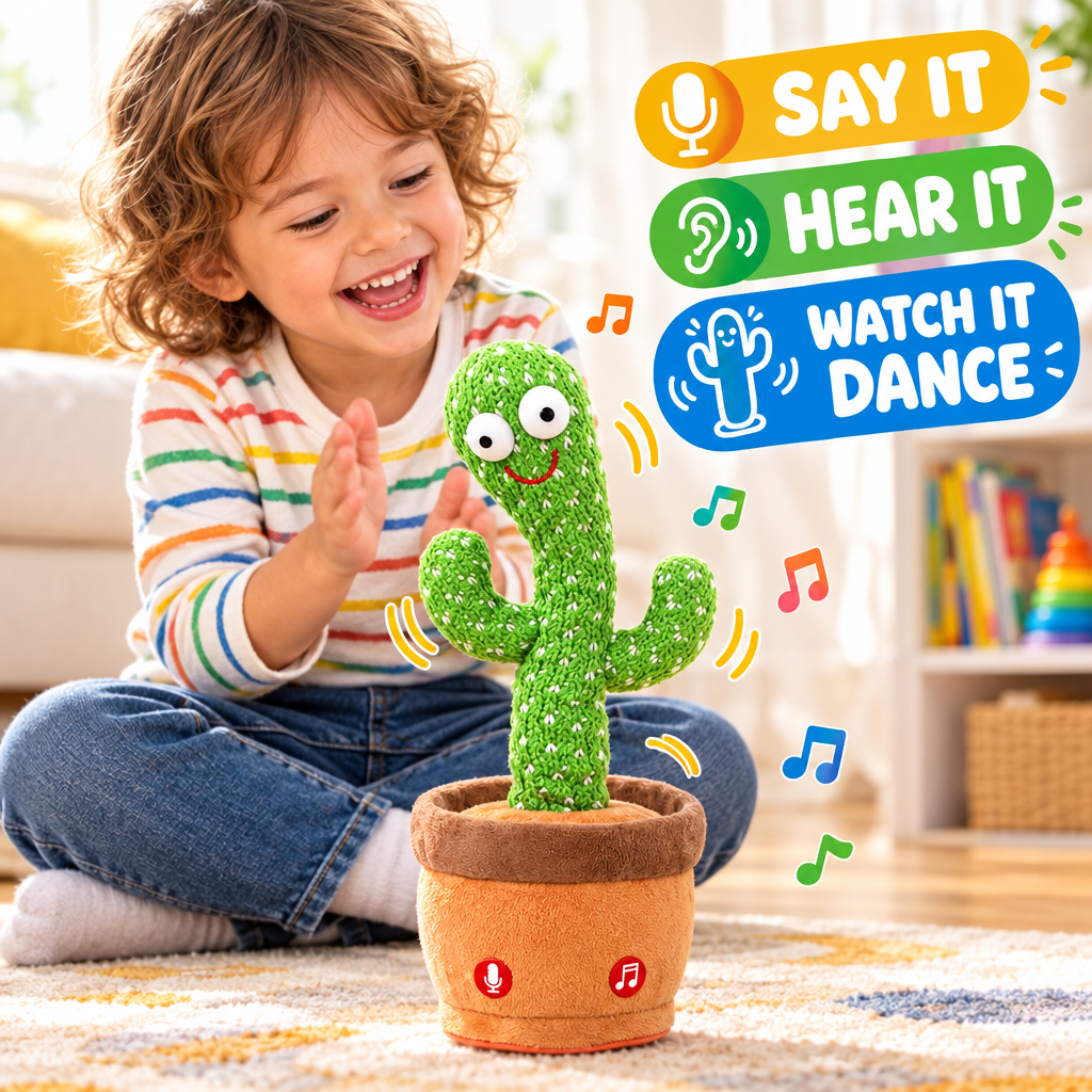 Child playing with dancing talking cactus toy