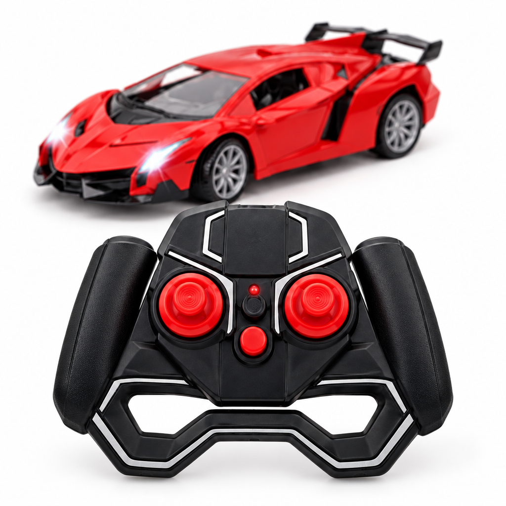 Remote controller shown with the red RC supercar