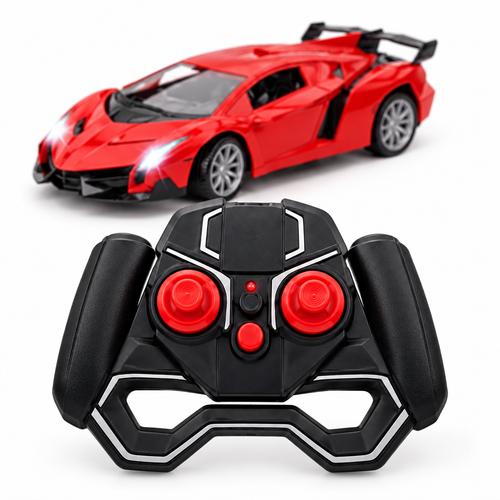Remote controller shown with the red RC supercar