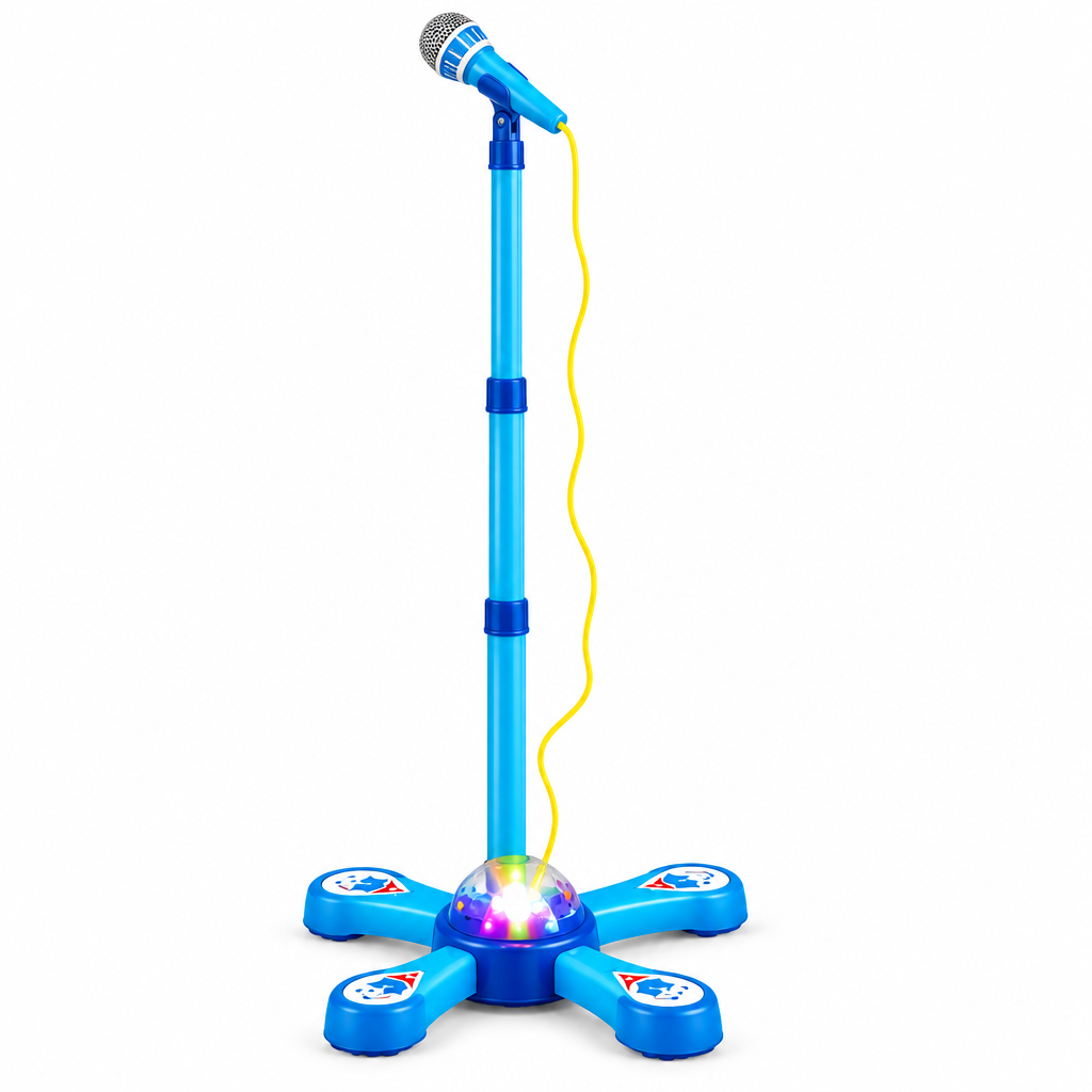 Kids karaoke microphone with adjustable stand on white background