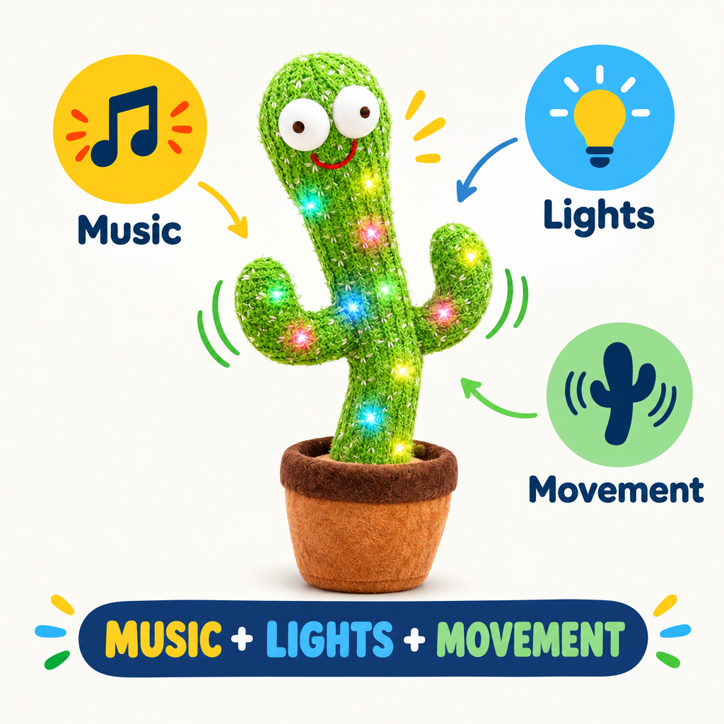 Dancing cactus toy features: music, lights and movement