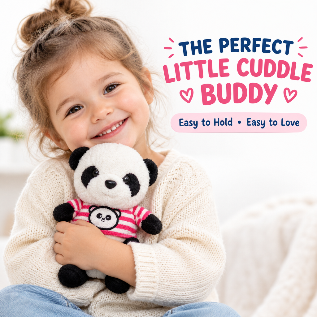 Child holding compact cute panda plush toy