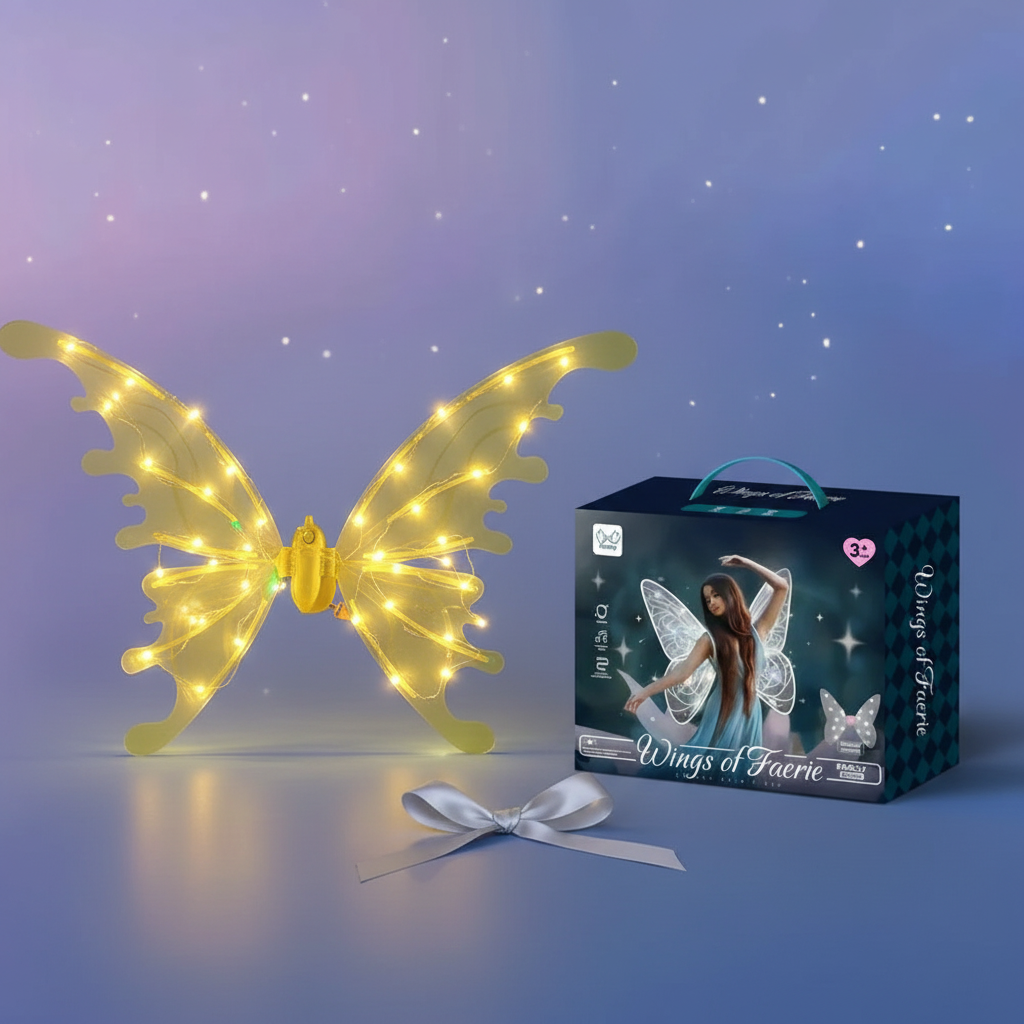 Light-up butterfly wings displayed beside the retail box as a gift idea