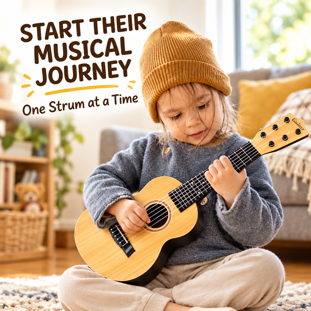 Child playing kids beginner guitar at home
