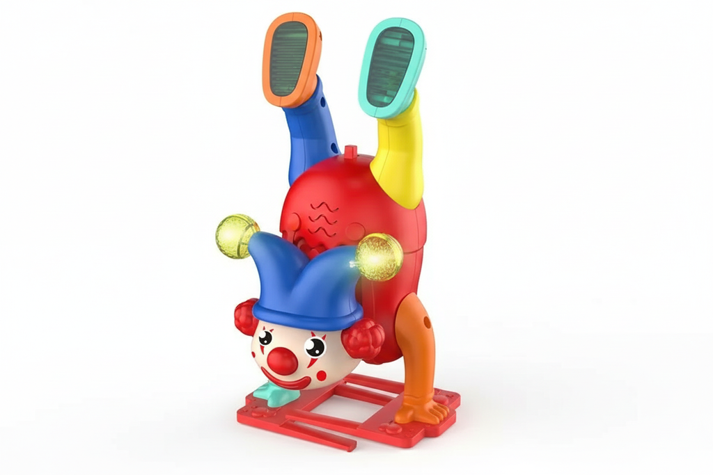 Upside-down walking clown toy with lights and music on a white background