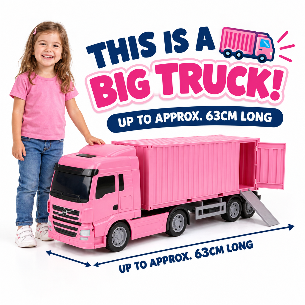 Pink container truck size comparison with child