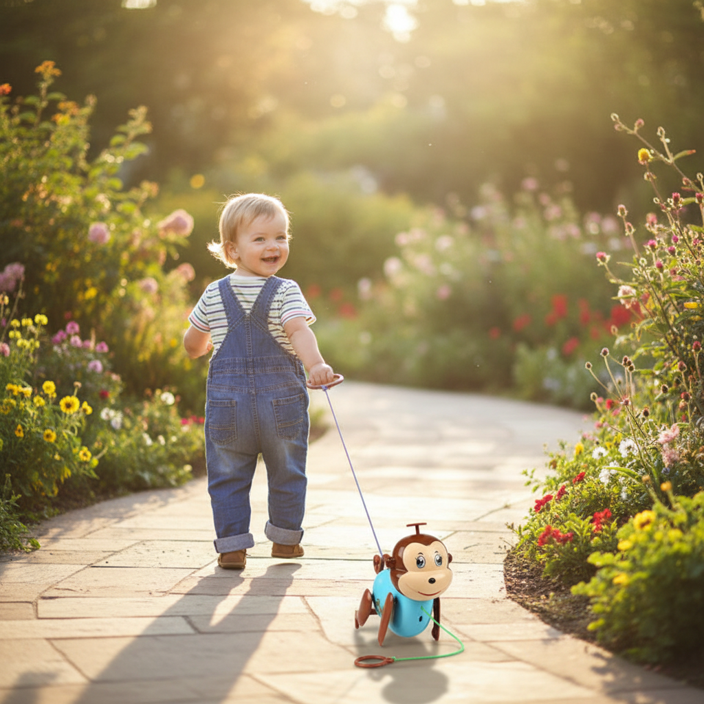 Toddler enjoying active outdoor play with a pull-along monkey toy