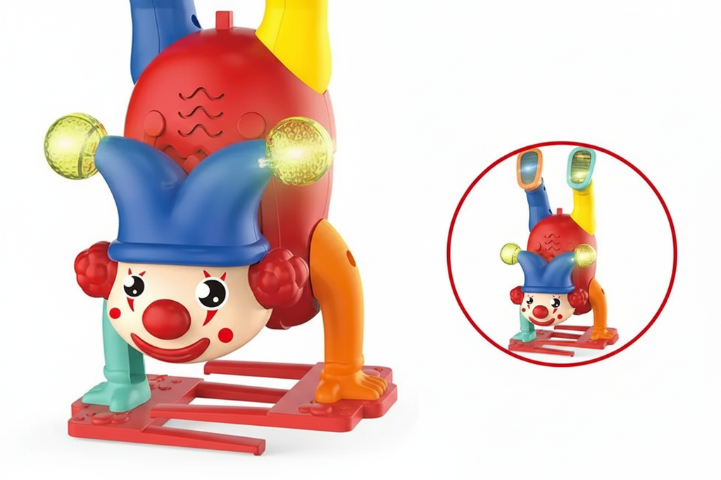 Close-up of the upside-down walking clown toy with colourful light-up details