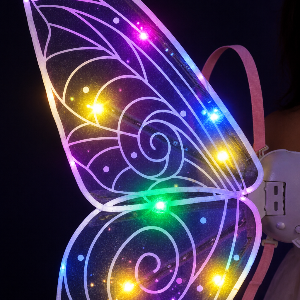 Light-up butterfly fairy wings glowing in a dark room, showing the LED light effect