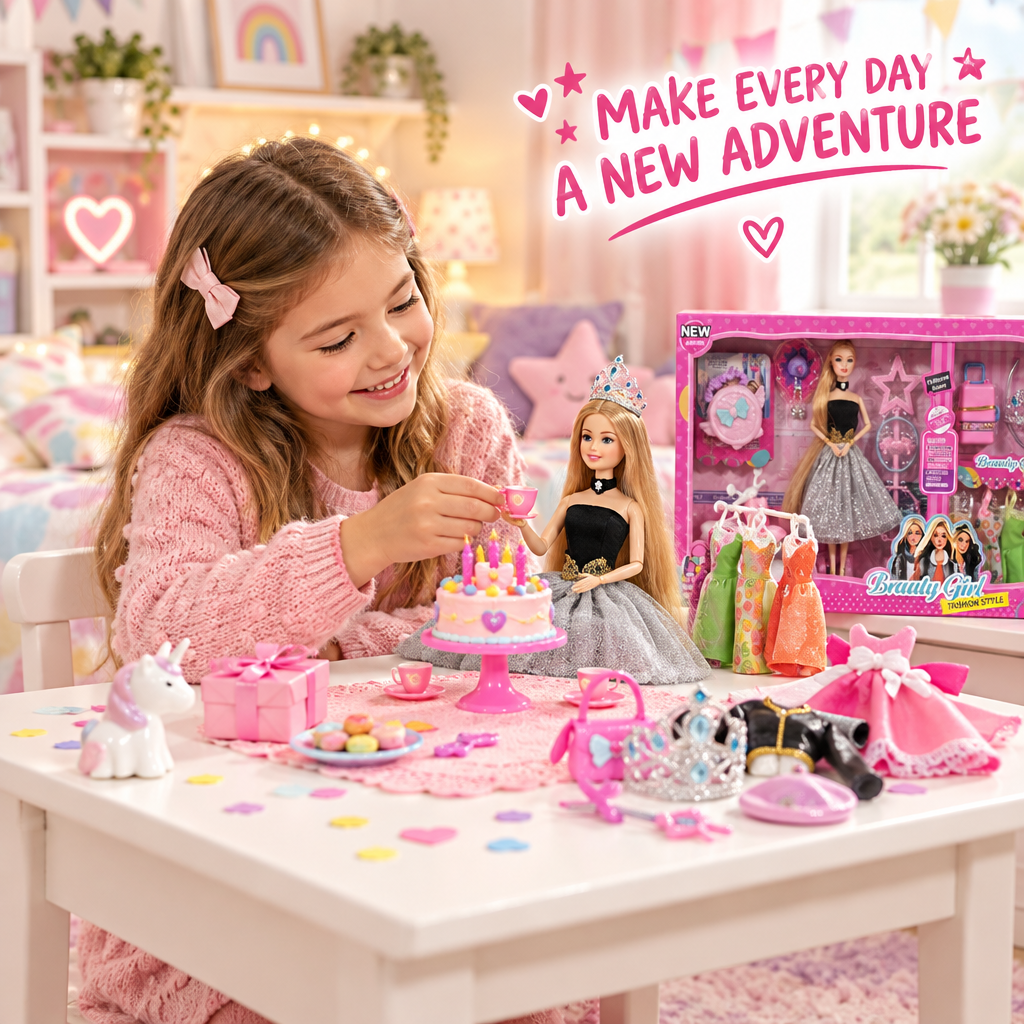 Girl enjoying imaginative pretend play with the fashion doll