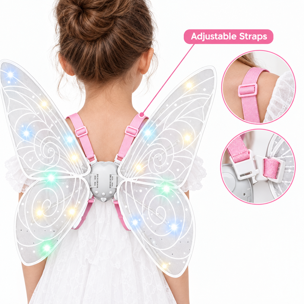 Close-up of the adjustable shoulder straps on the light-up butterfly fairy wings