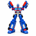 Blue and red transforming robot truck toy in robot mode on a white background