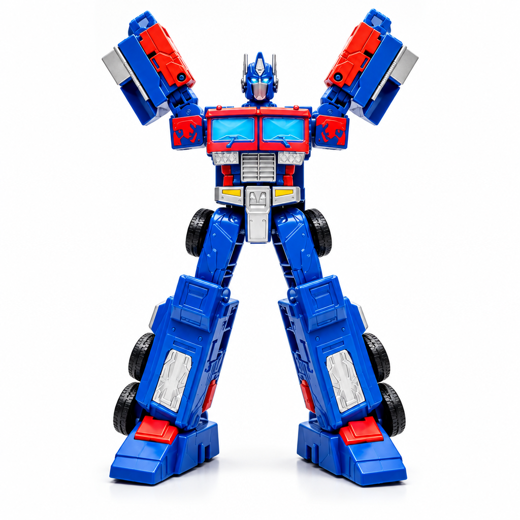 Blue and red transforming robot truck toy in robot mode on a white background