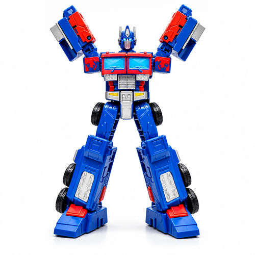 Blue and red transforming robot truck toy in robot mode on a white background