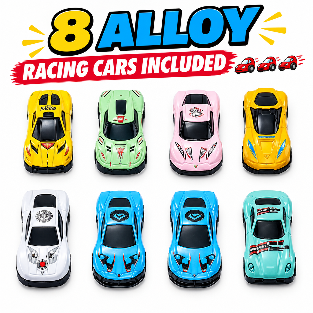 8 alloy die-cast racing cars flat lay