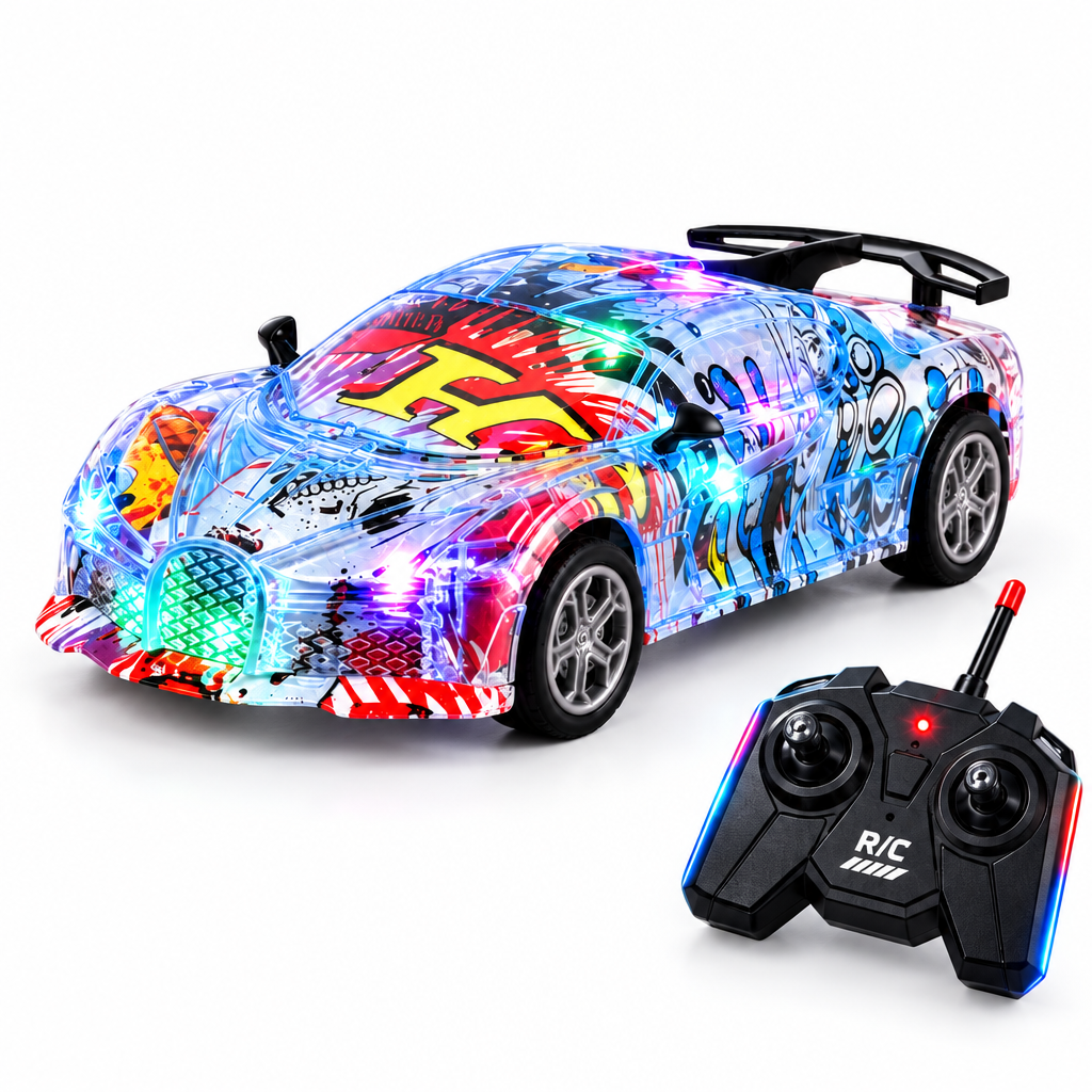 Kids 1:16 RC graffiti sports car with remote control on white background