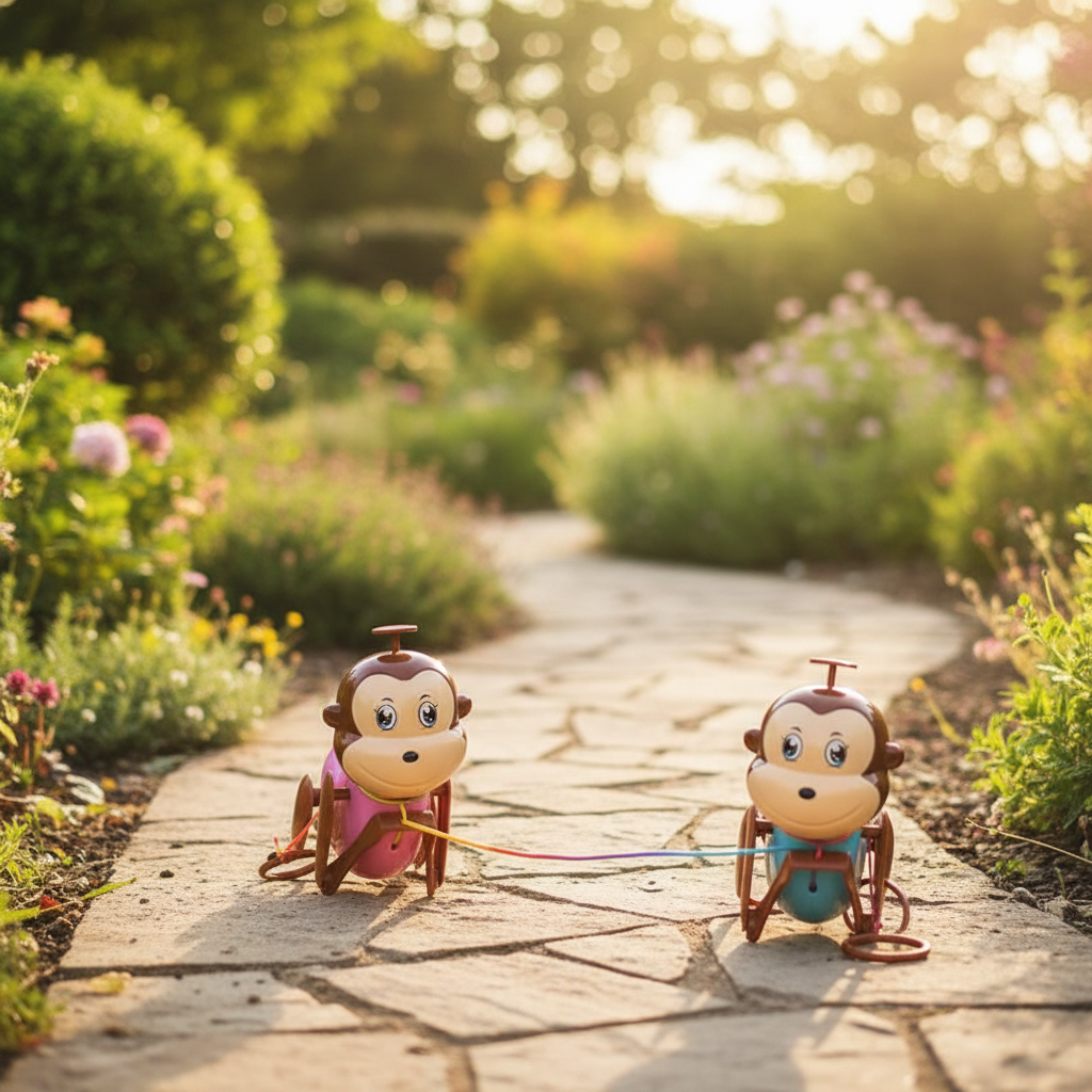 Colourful pull-along monkey toy in a sunny garden setting