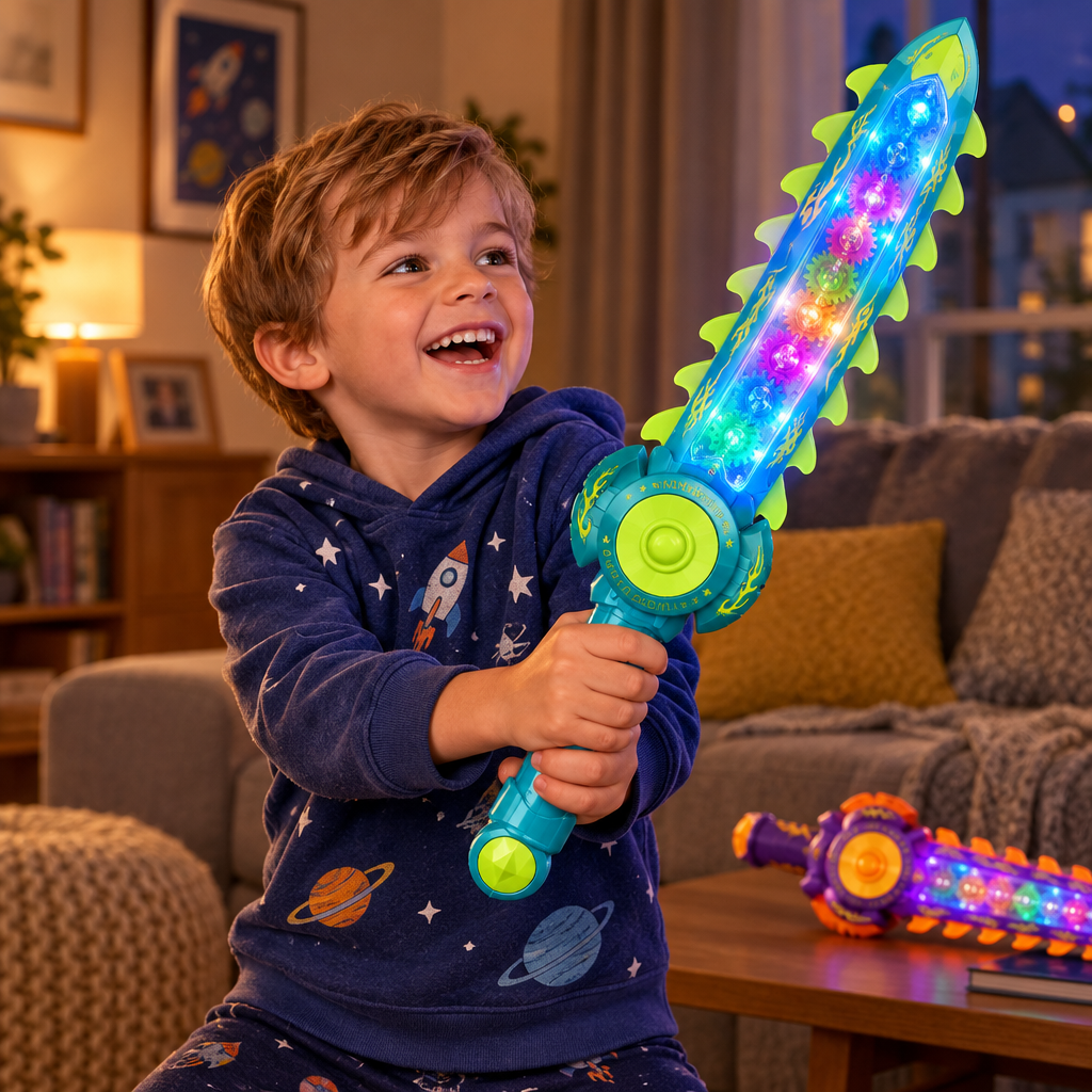 Child playing with a light-up space sword toy during indoor pretend play