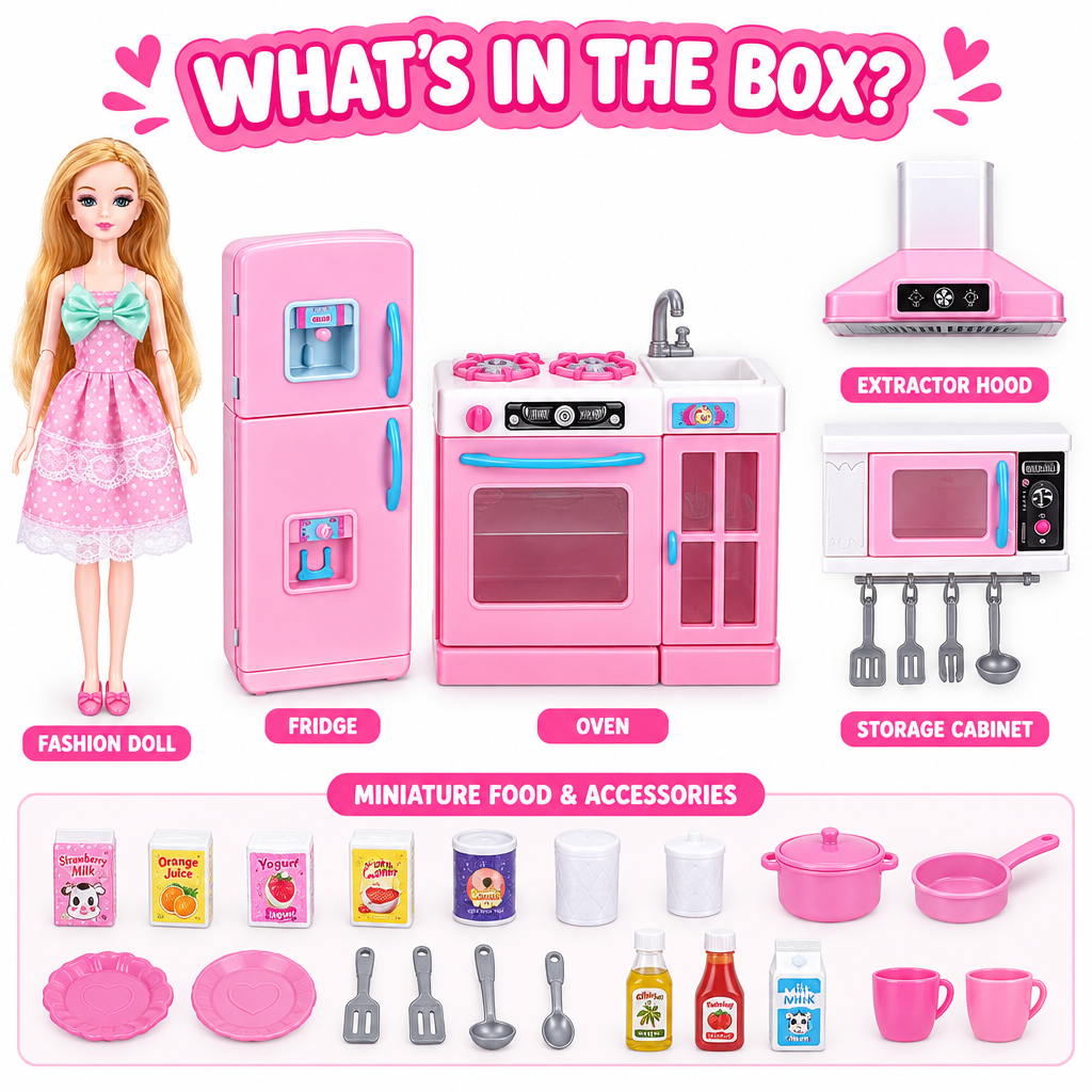 Doll kitchen playset full set flat lay