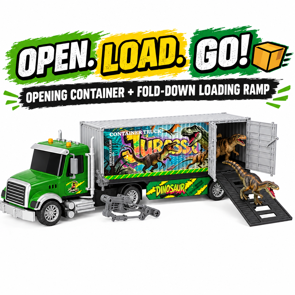 Dinosaur truck opening container and loading ramp