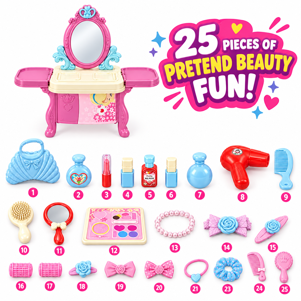 25 pretend beauty accessories flat lay