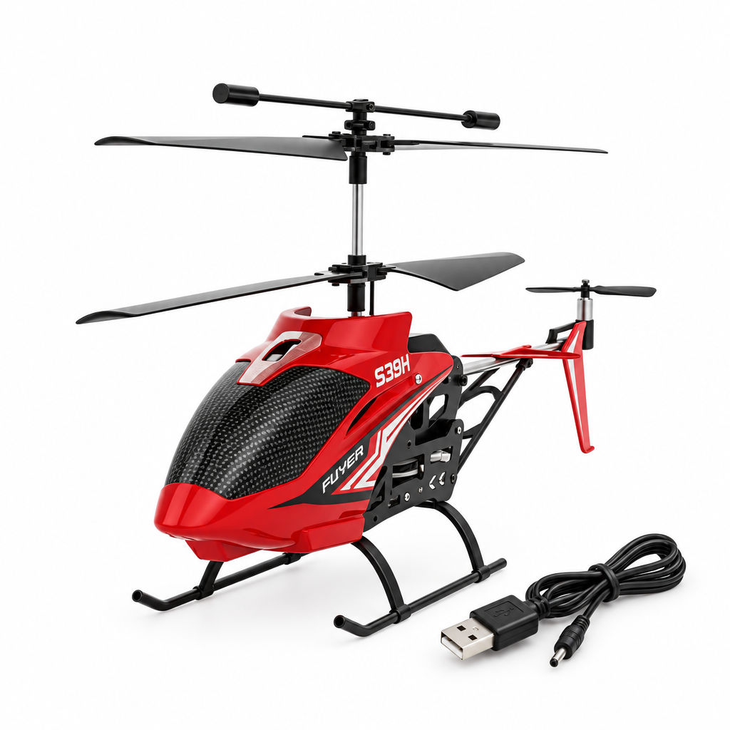 USB-rechargeable red toy helicopter beside an illustrative charging cable