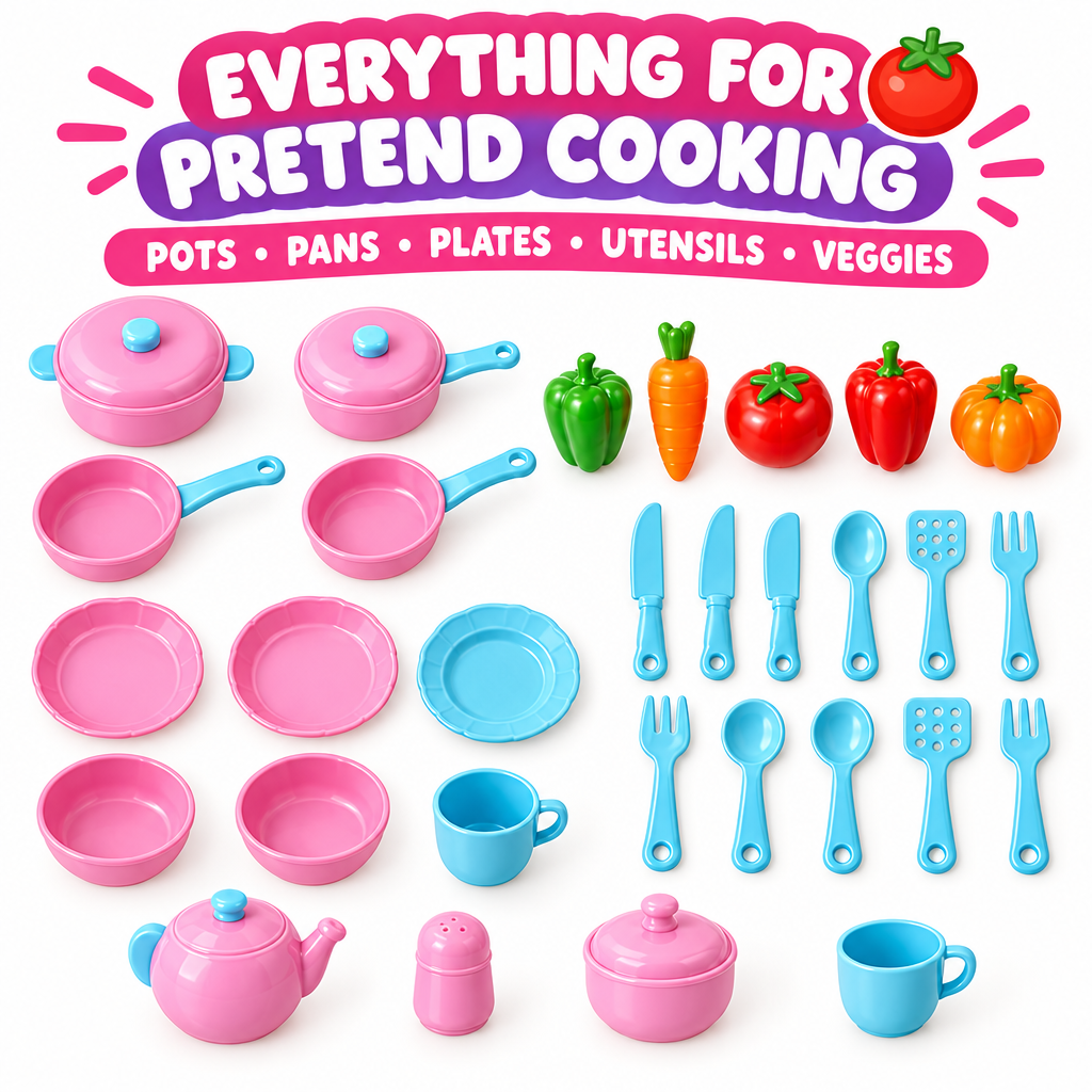 Kitchen playset pots pans plates utensils vegetables