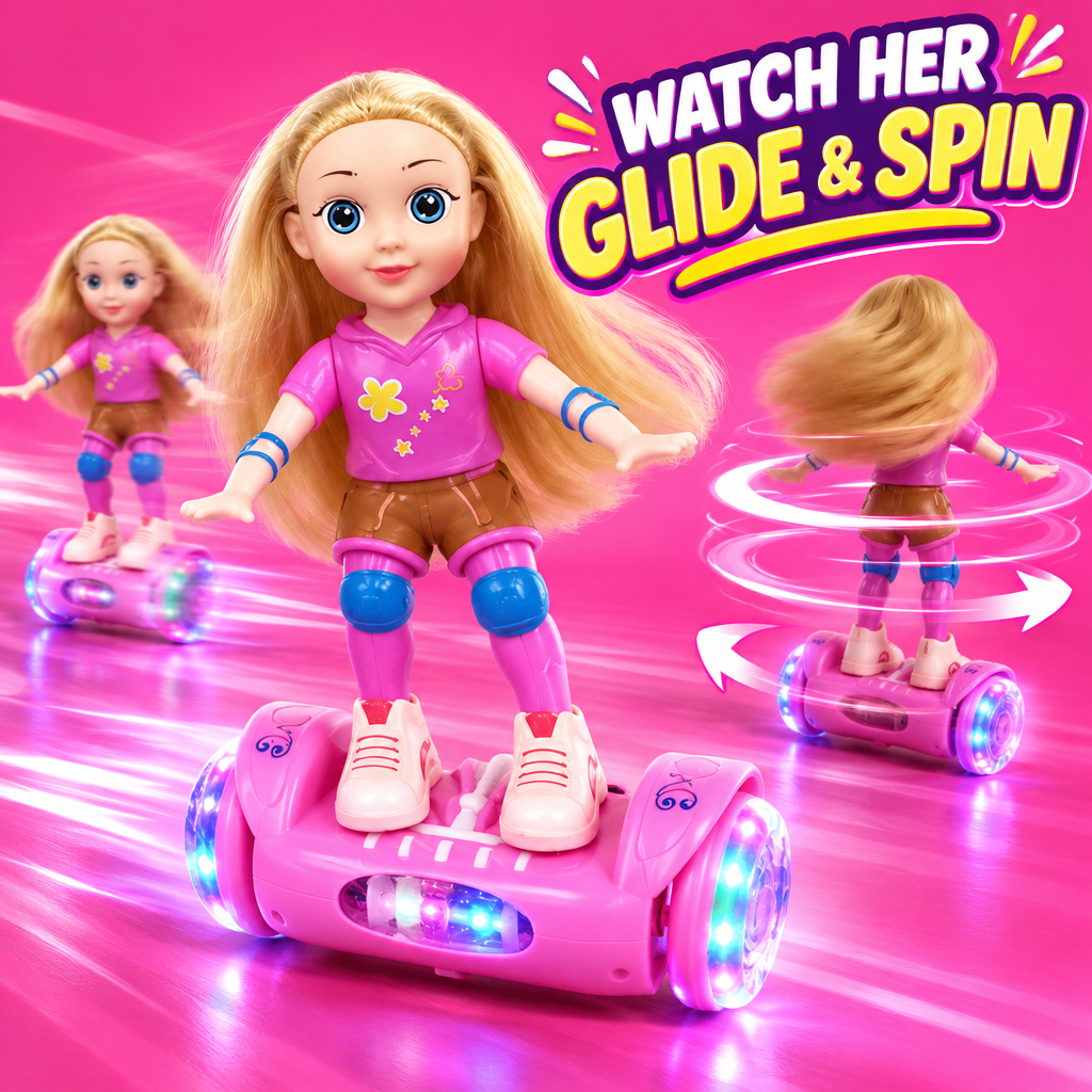 Self-balancing doll toy in motion gliding and spinning