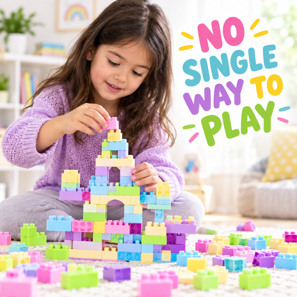 Child independently building with colourful blocks