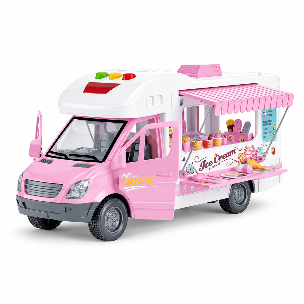 Pink ice cream van toy with fold-out awning open and serving counter visible on white background