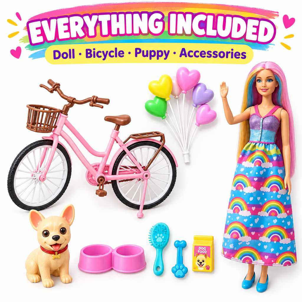Rainbow Princess doll playset full contents flat lay