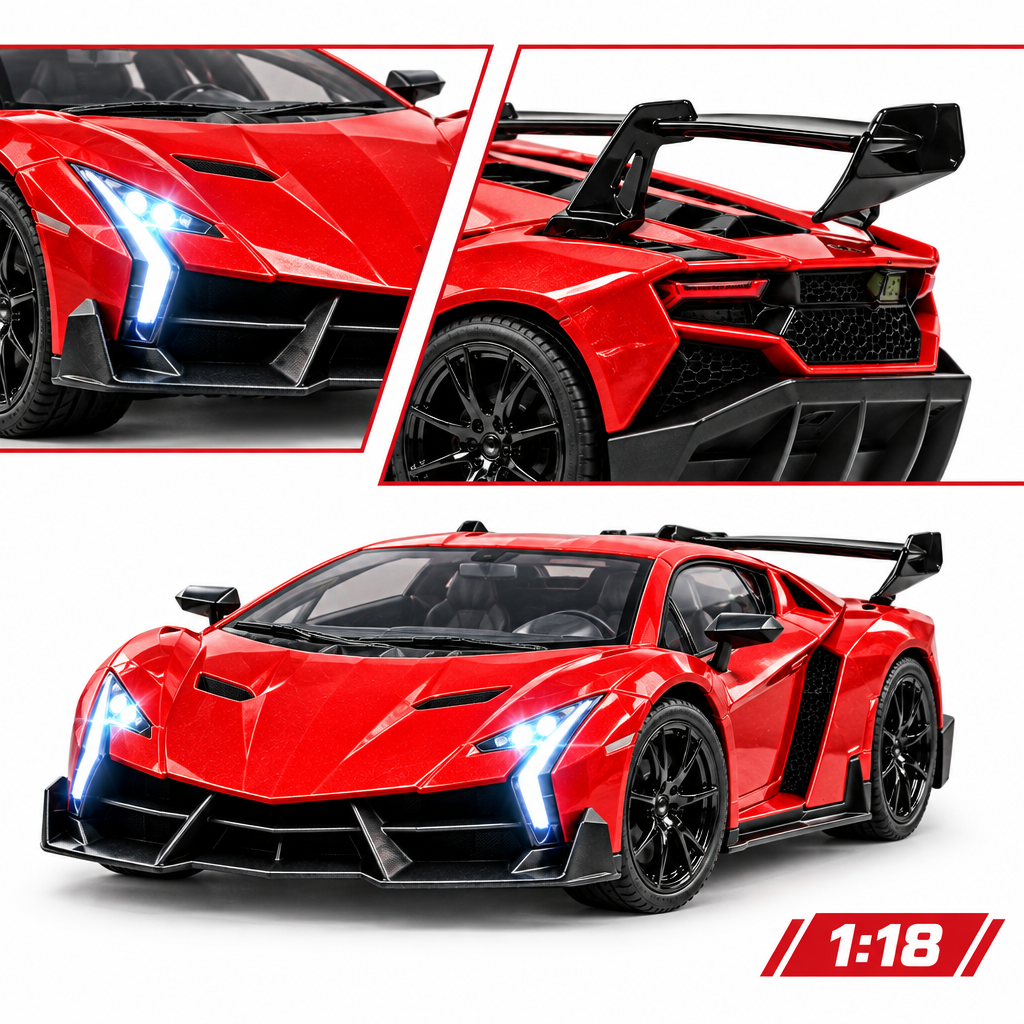 1:18 red RC supercar showing its sporty body design and rear spoiler