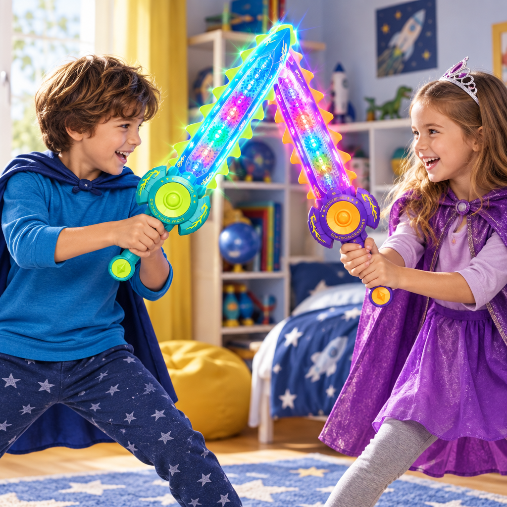 Two children playing together with colourful light-up toy swords