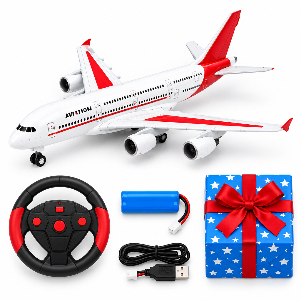 RC aeroplane, steering-wheel remote, rechargeable battery, USB cable and gift box
