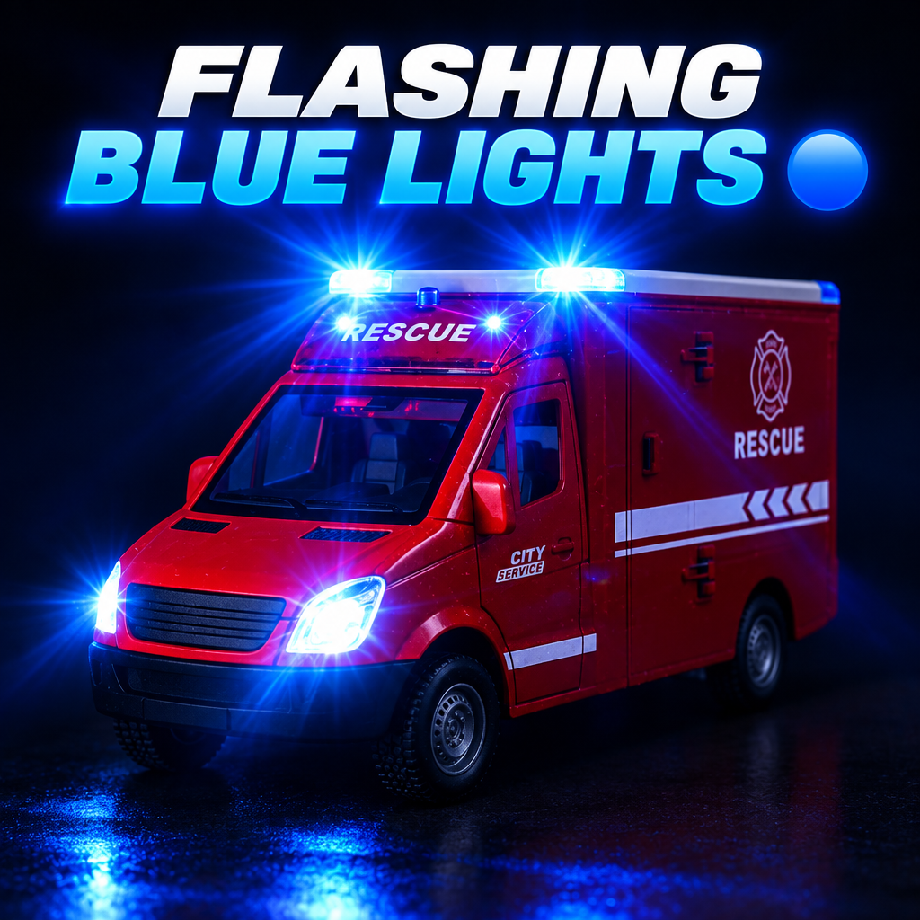 Die-cast ambulance toy flashing blue LED lights