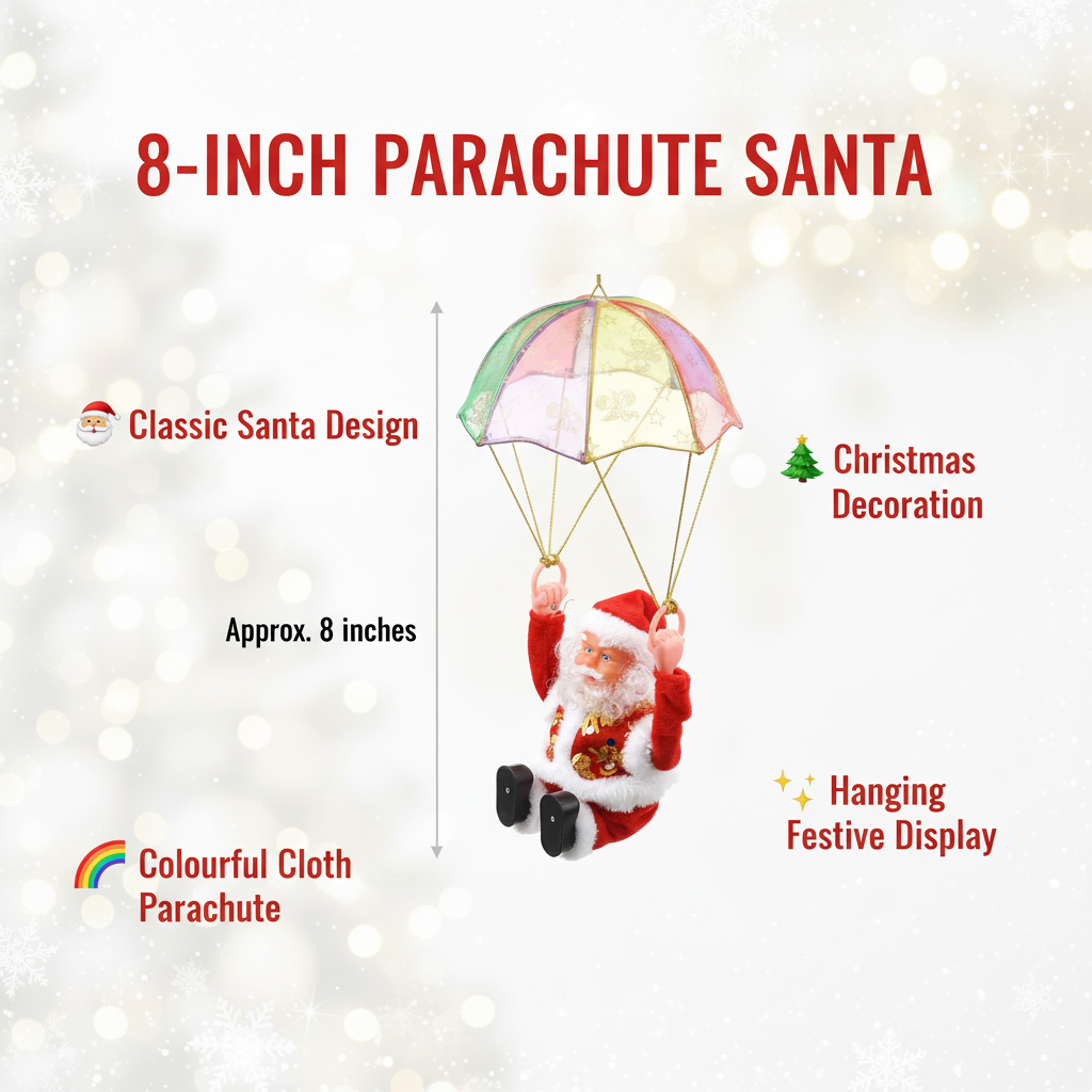 8-inch Parachute Santa Christmas decoration with colourful cloth canopy and gold hanging cords