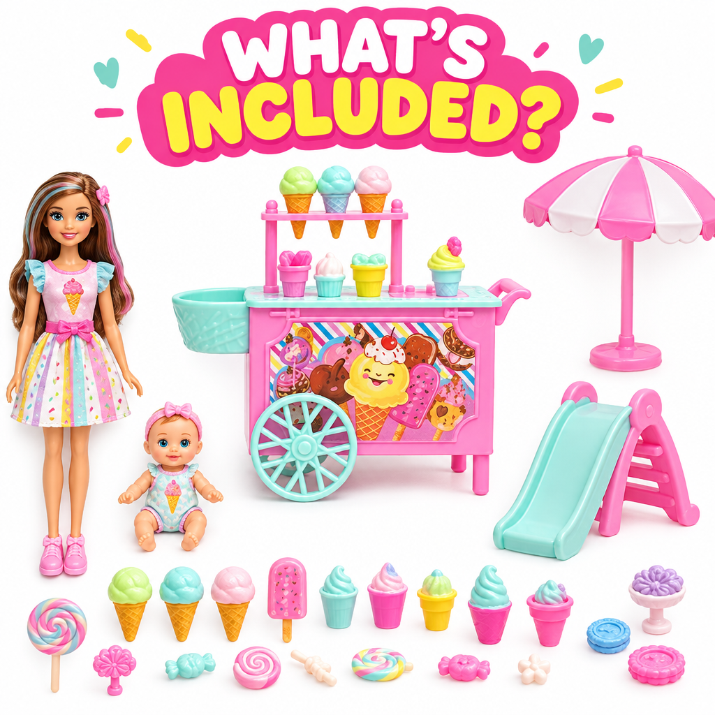 Ice Cream Cart Doll Playset full contents flat lay
