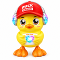 Interactive musical light-up dancing duck toy on white background