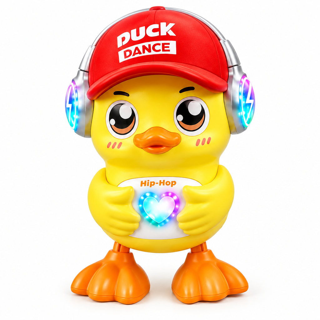 Interactive musical light-up dancing duck toy on white background