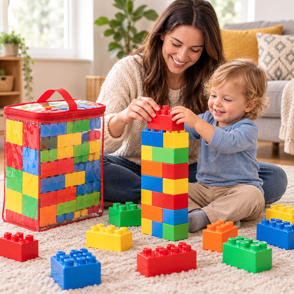 Parent and toddler building a colourful tower together with jumbo construction blocks