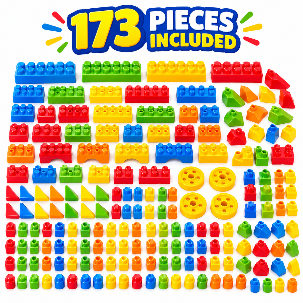 Close-up of colourful building blocks in multiple shapes and sizes