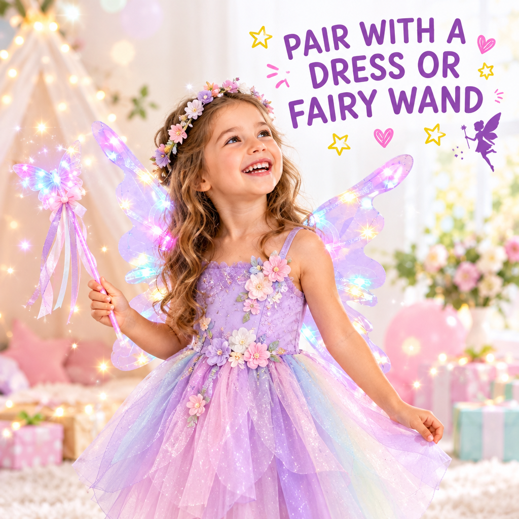 Child wearing fairy wings with dress and wand