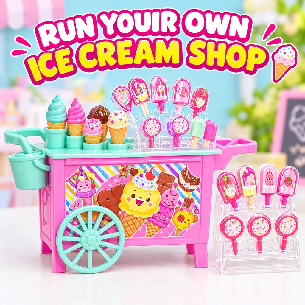 Ice cream cart close-up with cones and lollipops