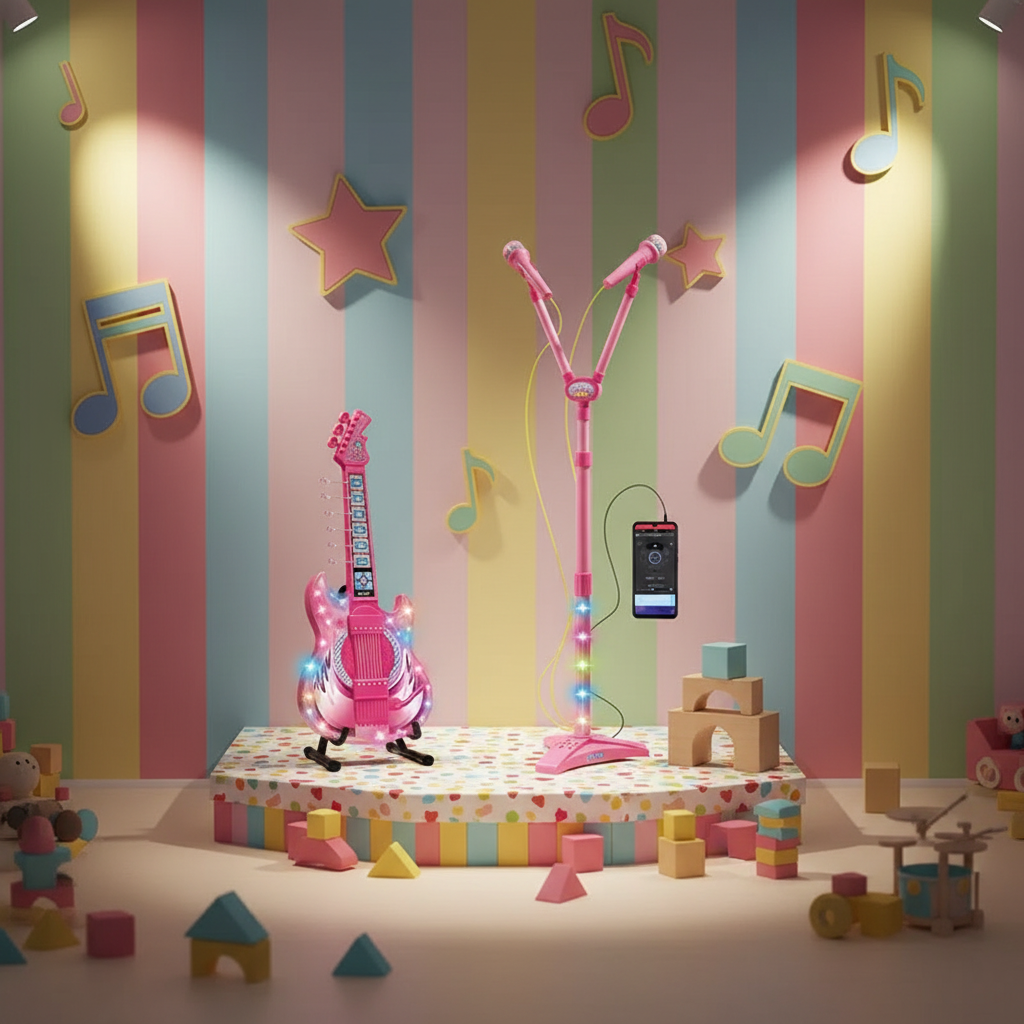 Kids guitar and microphone set for a fun mini concert at home