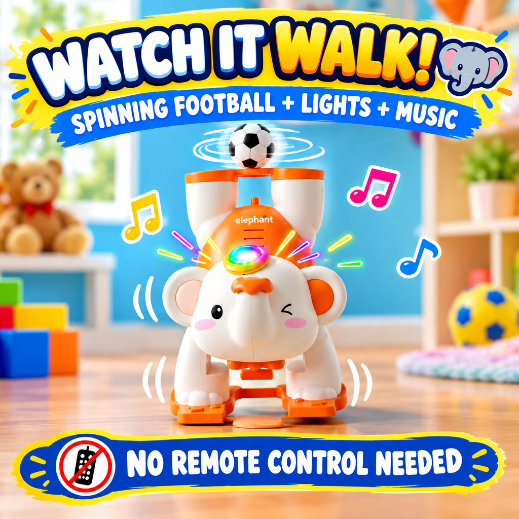 Walking Elephant Toy hero with spinning football lights and music