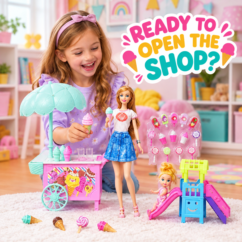 Child playing with ice cream cart doll playset