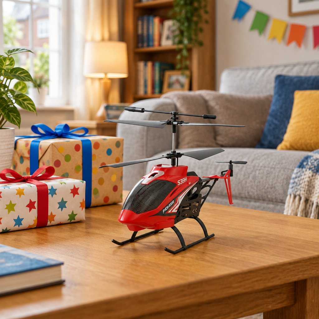 Red RC helicopter displayed beside birthday gifts