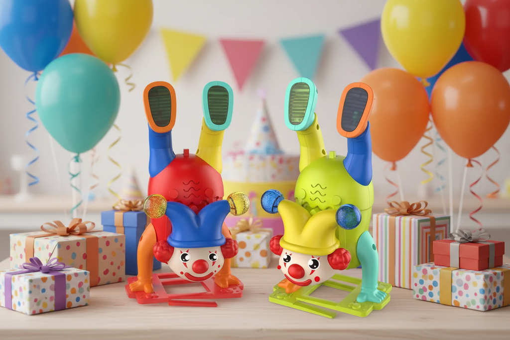 Upside-down walking clown toy presented as a fun gift for kids aged 3 and over
